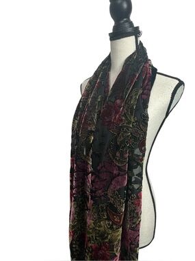 Silk & Rayon Velour Floral Paisley Fringe Sheer Scarf